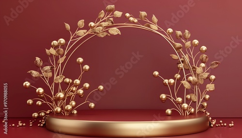 Golden leaves and round ornaments form a circular frame around a podium on a maroon background.