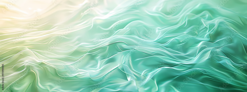 A serene abstract background featuring flowing translucent fabric in soothing shades of green and soft yellow tones. A serene abstract background featuring flowing translucent fabric in soothing shades of green and soft yellow tones.