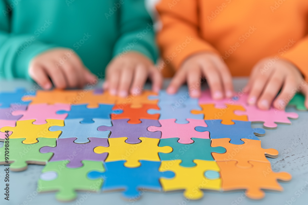 Two children's hands are playing with colorful jigsaw puzzle on a table, education games concept. A boy and a girl doing a mock-up for a learning activity at home or school. Two children's hands are playing with colorful jigsaw puzzle on a table, education games concept. A boy and a girl doing a mock-up for a learning activity at home or school.