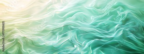 A serene abstract background featuring flowing translucent fabric in soothing shades of green and soft yellow tones.