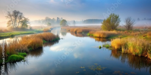 A river flowing through a swamp in a foggy landscape, river, swamp, misty, foggy, landscape, nature, tranquility, wetland