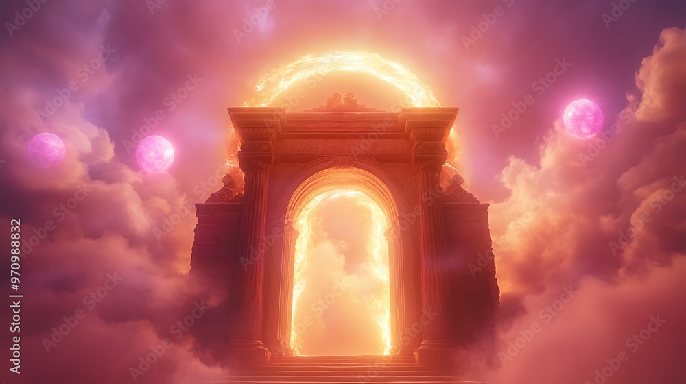 Ancient Stone Archway with Flaming Portal and Pink Moons in Cloudy Sky Ancient Stone Archway with Flaming Portal and Pink Moons in Cloudy Sky