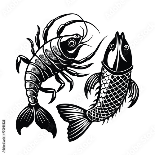 Pisces zodiac symbol, black and white illustration, stylized fish and lobster, yin yang composition, curved lines, nautical theme, zodiac art, intricate details, 