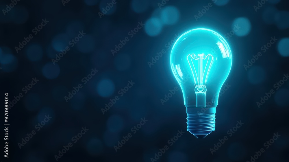 Glowing Blue Light Bulb Against Dark Bokeh Background - Concept of Innovation and Bright Ideas Glowing Blue Light Bulb Against Dark Bokeh Background - Concept of Innovation and Bright Ideas