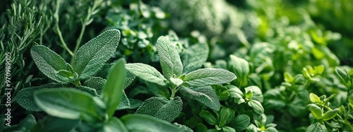 Lush Garden Herbs, Focus on Intricate Textures and Varied Greens photo