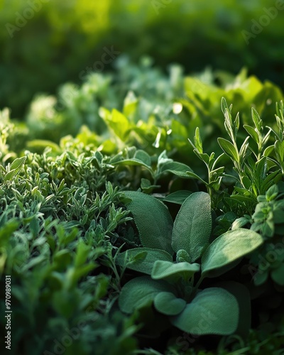 Lush Garden Herbs, Focus on Intricate Textures and Varied Greens photo