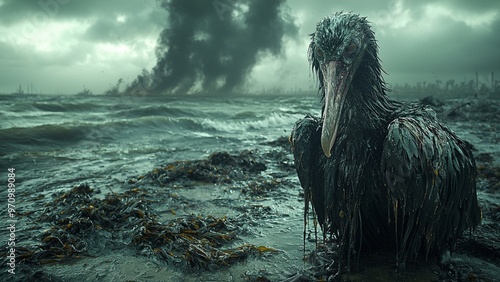 Seabird affected by oil spill, highlighting pollution’s impact on biodiversity.