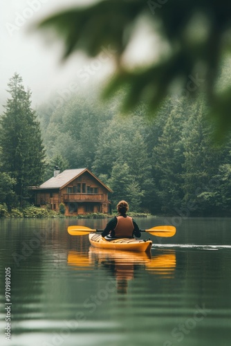 A man kayaking in still lake water with forest and lake house photo