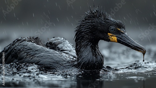 Seabird affected by oil spill, highlighting pollution’s impact on biodiversity.