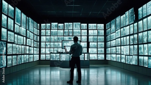 Futuristic Data Center with Analyst Examining Digital Screens