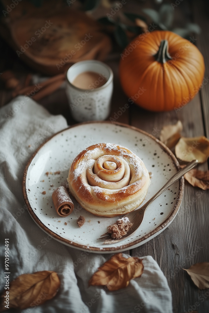 Cinnamon rolls with pumpkins around. October autumn cozy aesthetic. Cinnamon rolls with pumpkins around. October autumn cozy aesthetic.