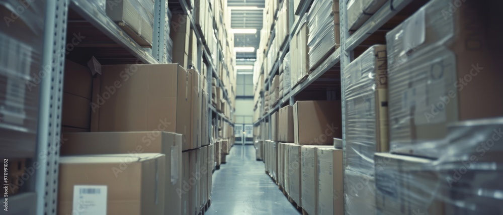Obraz premium Stacks of brown cardboard boxes line metal shelves in a vast, organized warehouse, capturing the essence of industrial storage and logistics management.