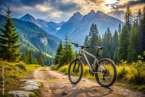 A rugged, lightweight mountain bike stands alone on a scenic dirt trail, surrounded by lush green forest and majestic mountains in the background. photo