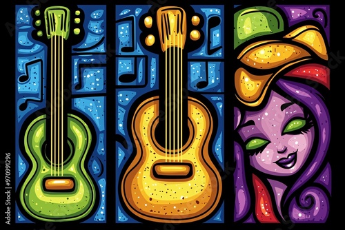 Colorful Guitars and a Woman's Face