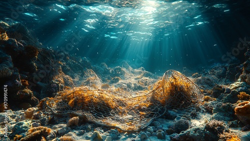 Fishing boat with large nets, show overfishing’s impact on marine life.
