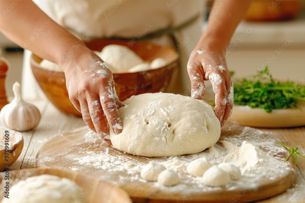 Close-up of hands kneading dough on a floured surface, capturing the essence of traditional baking and culinary craftsmanship Close-up of hands kneading dough on a floured surface, capturing the essence of traditional baking and culinary craftsmanship