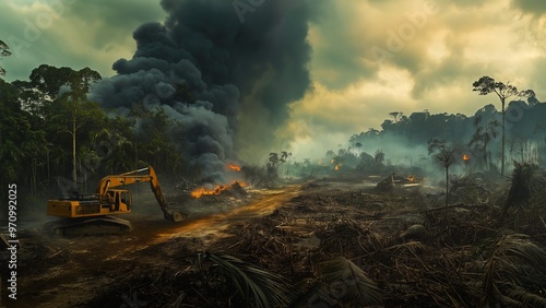 Land clearing with machinery and fires, illustrating deforestation.