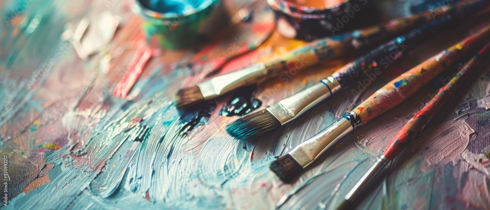Fototapeta premium A colorful close-up of used paintbrushes against a textured palette, capturing the chaos and creativity of an artist's workspace.