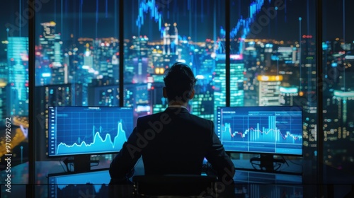 Businessman analyzing financial data in modern office with cityscape view