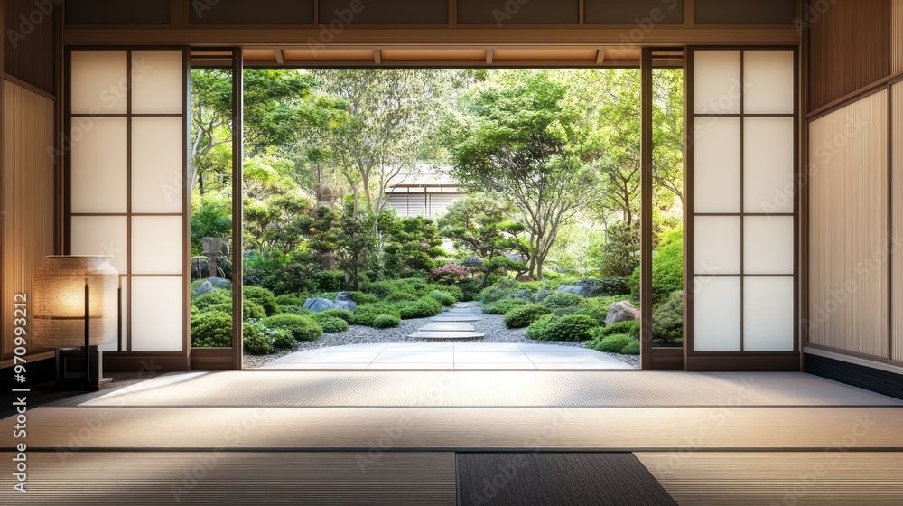 Fototapeta premium Japanese Interior Design with Sliding Doors & Garden View