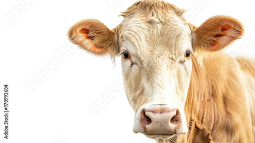 Closeup head shot of cow face isolated on white background