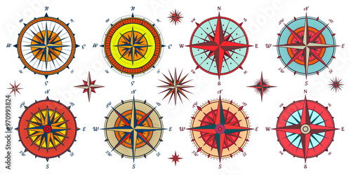 Vintage marine wind rose, nautical chart. Colorful navigational compass with cardinal directions of North, East, South, West. Geographical position, cartography and navigation. Vector illustration