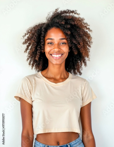 Smiling Woman in Casual Attire Against White Background