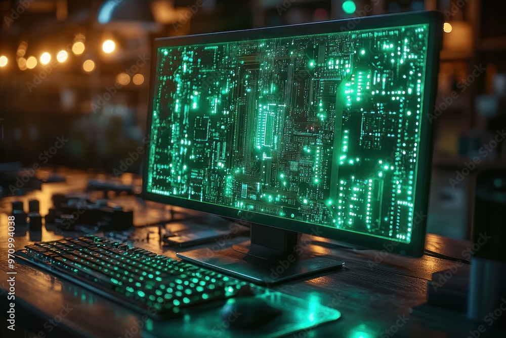 Computer Screen Displaying Circuit Board Computer Screen Displaying Circuit Board