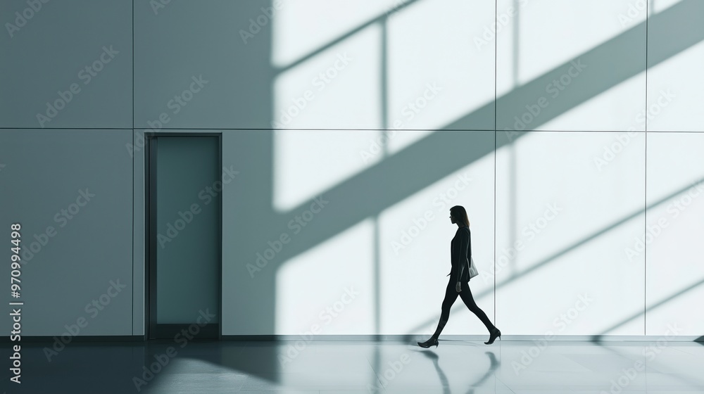 Business professional walking in modern architectural space with dramatic shadows Business professional walking in modern architectural space with dramatic shadows