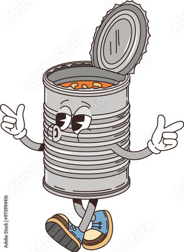 Groovy retro cartoon travel character, conserves food tin can with funky face, vector comic smile. Groovy travel emoji or emoticon of open tin can with traveler or tourist food for summer vacations