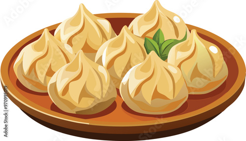 Steamed dumplings with herbs resting on a plate