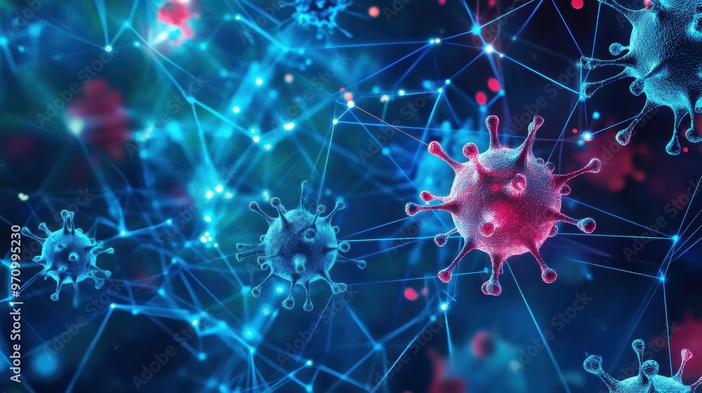 A infographic with virus particles floating between people, community transmission, A infographic with virus particles floating between people, community transmission,