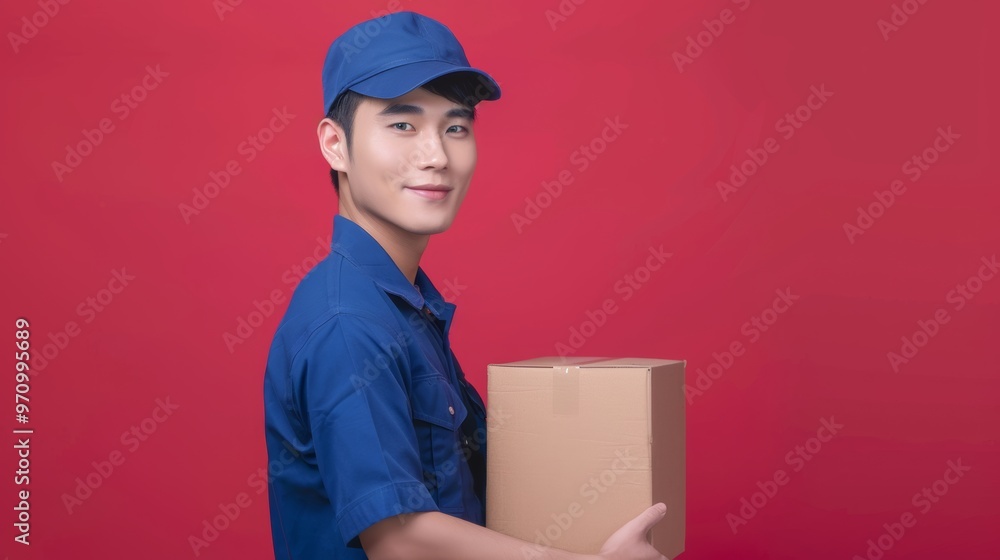 Photo of a handsome Korean man wearing this cloth (postal uniform) blue color like in the picture with a box. Very realistic photo, HD resolution, isolated red background. Photo of a handsome Korean man wearing this cloth (postal uniform) blue color like in the picture with a box. Very realistic photo, HD resolution, isolated red background.