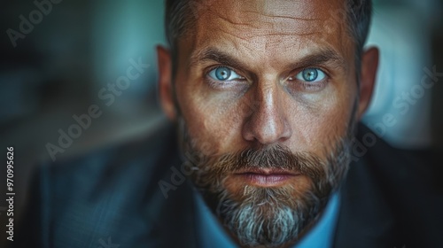 Intense gaze of a bearded man in a suit illuminated by soft, natural light during an indoor gathering. Generative AI