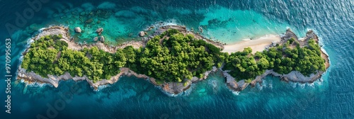 Panoramic view of a hidden tropical island surrounded by vibrant blue waters, featuring dense green foliage, rocky formations, and a few pristine sandy beaches. photo