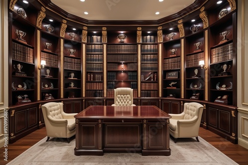 A sprawling high ceilinged executive office