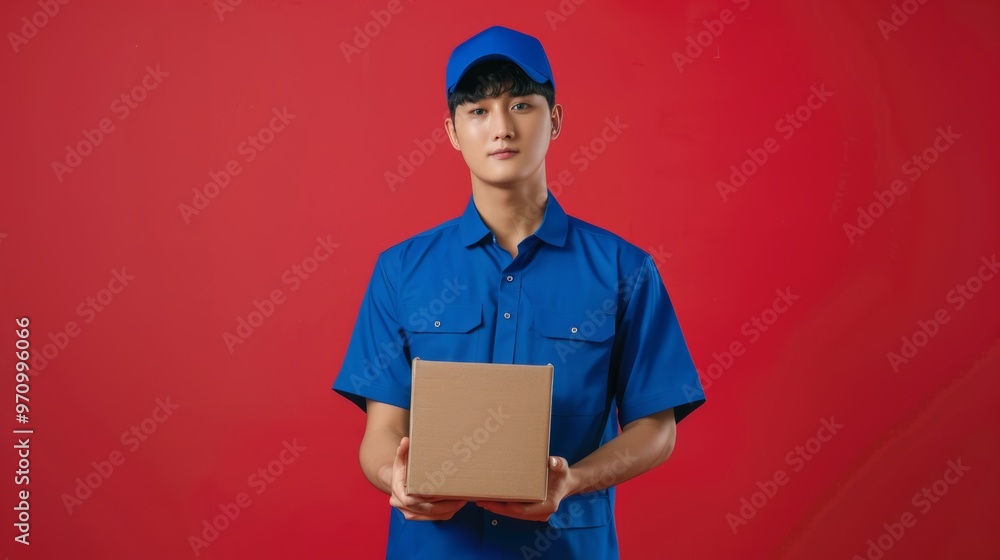Photo of a handsome Korean man wearing this cloth (postal uniform) blue color like in the picture with a box. Very realistic photo, HD resolution, isolated red background. Photo of a handsome Korean man wearing this cloth (postal uniform) blue color like in the picture with a box. Very realistic photo, HD resolution, isolated red background.
