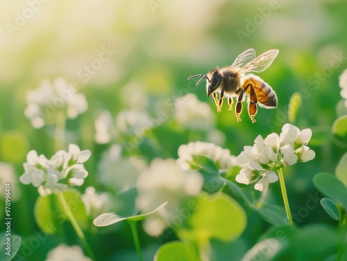 Honeybee Hovering Above a Sunlit Clover Field photo