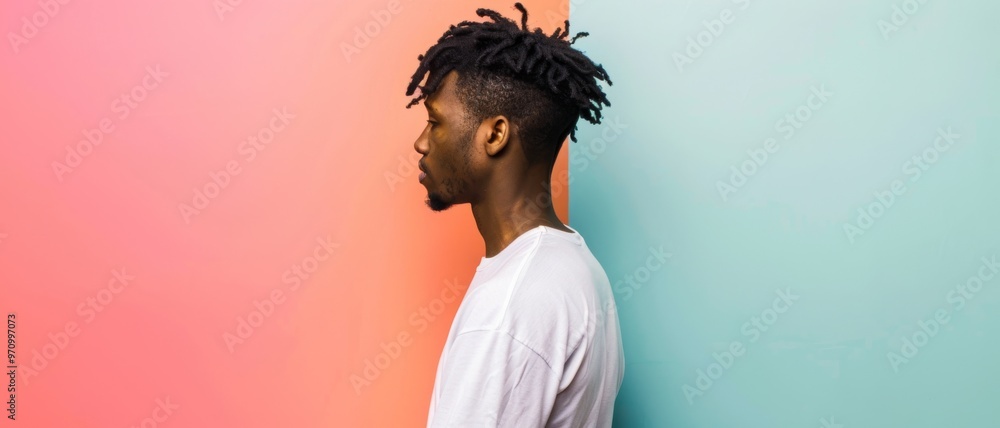 Obraz premium A young man stands against a colorful split background, with a thoughtful expression in profile, highlighting a modern and stylish aesthetic.