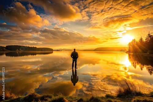 A silhouette of a figure standing at the edge of a serene lake, gazing out at a vast, rolling landscape bathed in warm, golden light. photo