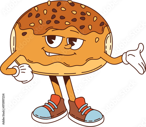 Cartoon groovy japanese anpan bun character showing welcoming gesture. Isolated vector delicious japan red bean bread personage with retro sneakers and laid-back attitude inviting to visit Asian cafe