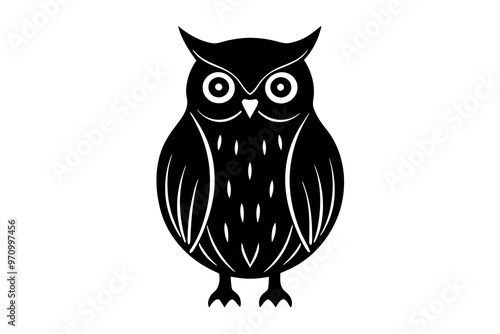 Hand drawn owl in a minimal linocut style. 4k silhouette black color vector art illustration