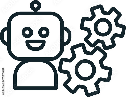 Happy robot thinking with gears showing artificial intelligence
