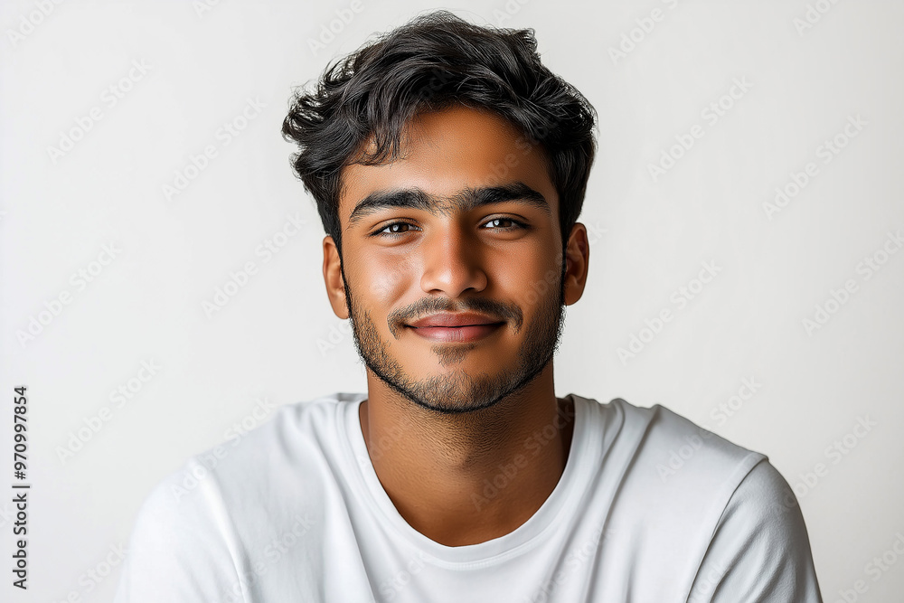 Obraz premium Young man wearing casual white t shirt happy face smiling with crossed arms looking at the camera. positive person.