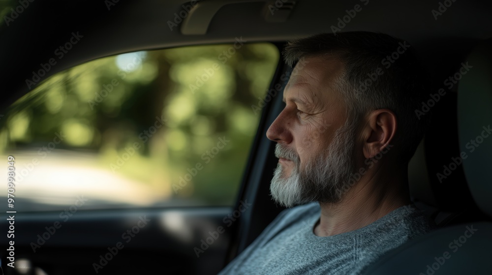 Contemplative elderly man seated in car during peaceful spring drive Contemplative elderly man seated in car during peaceful spring drive