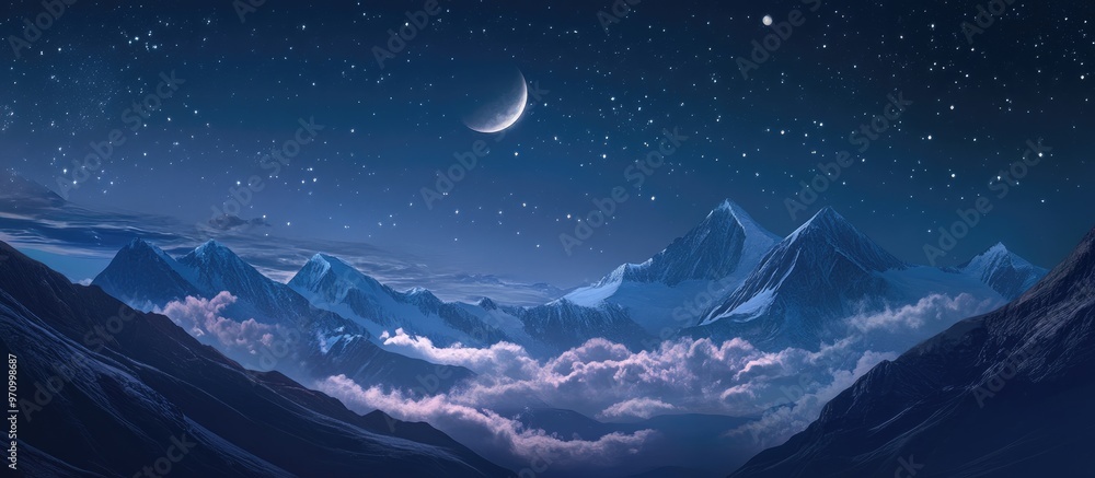 Stunning nighttime scene featuring mountains a moon and clouds in a captivating display of beauty Stunning nighttime scene featuring mountains a moon and clouds in a captivating display of beauty