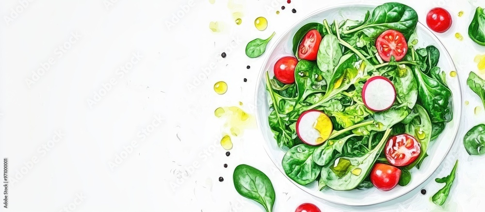 Fresh salad featuring organic spinach kale red tomatoes and radish drizzled with olive oil and lime juice Emphasizing healthy eating and vegan cuisine against a light backdrop with selective focus Fresh salad featuring organic spinach kale red tomatoes and radish drizzled with olive oil and lime juice Emphasizing healthy eating and vegan cuisine against a light backdrop with selective focus