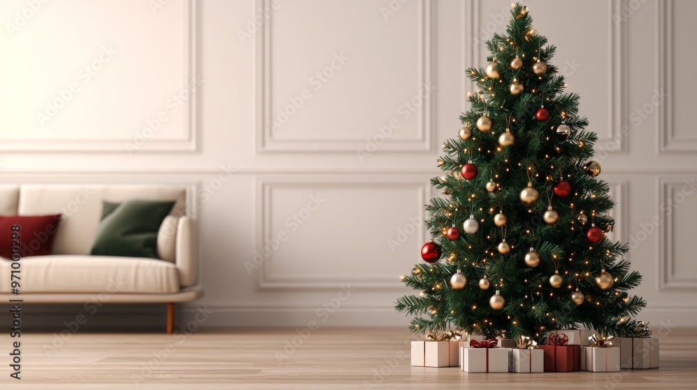 Decorated Christmas Tree With Presents In Modern Living Room Decorated Christmas Tree With Presents In Modern Living Room