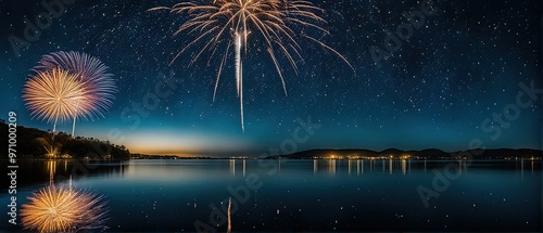 Fireworks over a Lake at Night