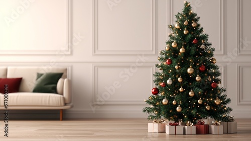 Decorated Christmas Tree With Presents In Modern Living Room